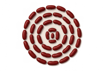 Red jelly beans creating concentric circular pattern on white background, sweets arranged as food art, transparent background