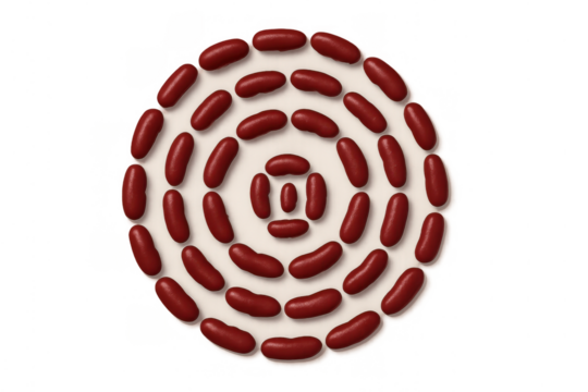 Red jelly beans creating concentric circular pattern on white background, sweets arranged as food art, transparent background
