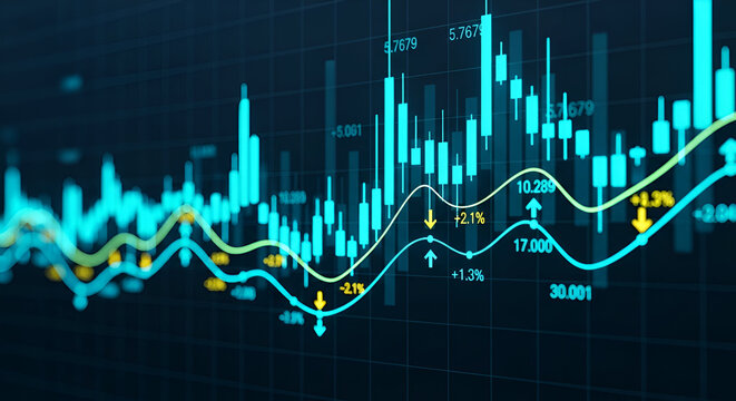 Teal and yellow financial market data with percentage changes