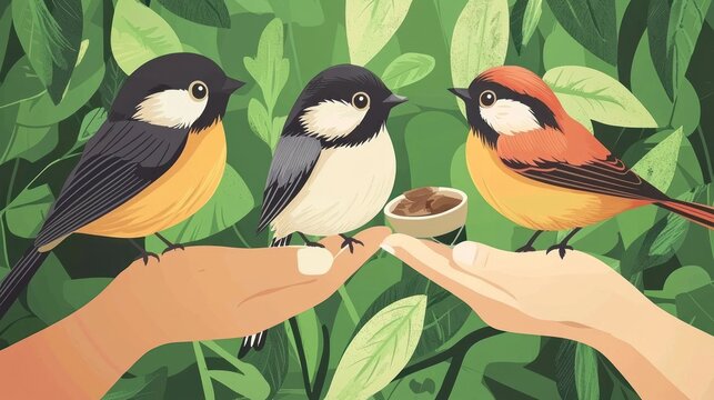 Three birds perched on hands in a lush green forest with leaves and a small bowl of food.