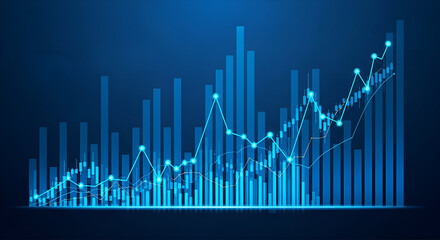 Upward Trending Blue Bar Chart With Overlaying Line Graphs