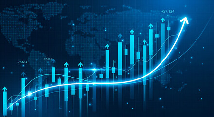 Upward Trending Stock Market Graph with World Map Background