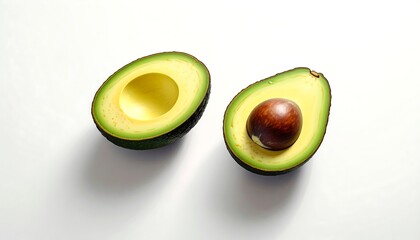 Two avocado halves on a clean white surface, one with a seed