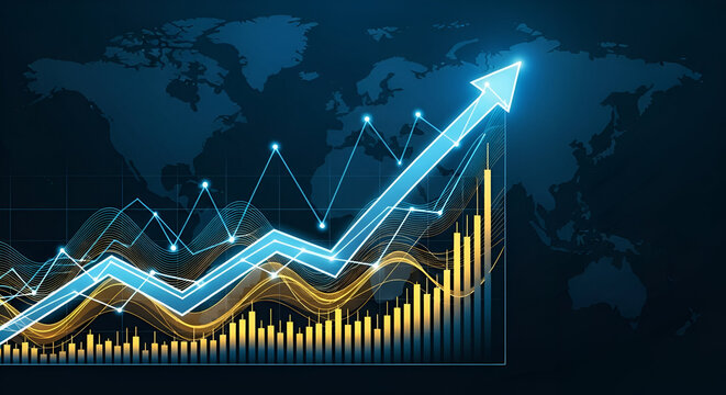 Upward trending stock market graph with golden and blue lines