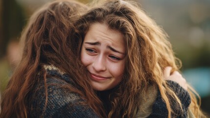 Two friends share a heartfelt hug in a calm outdoor location during the early evening. One appears emotional, showcasing tenderness and connection in their reunion.