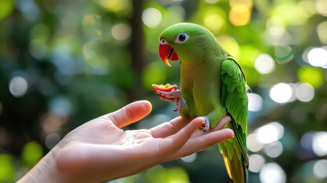 A green parrot perched on a hand with a blurred green background.