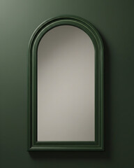 Tall Arched Green Framed Mirror on Dark Green Wall