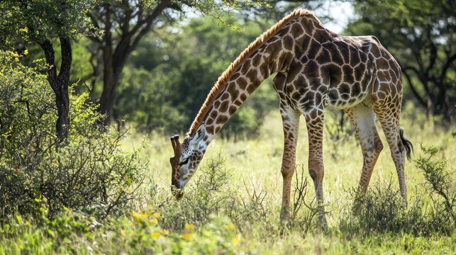 A giraffe grazing in a grassy field with trees in the background.