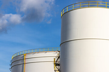 Oil storage tank at oil and gas refinery industrial zone, Business industrial storage tank oil and gas refinery, Crude oil storage tank business energy logistic and transportation.