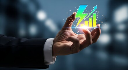 Hand holding a glowing graph with lightning bolt and arrow up trend