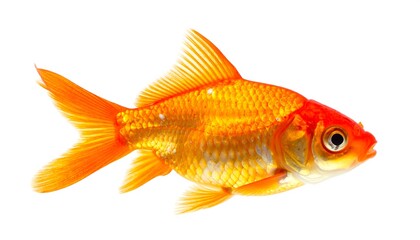 Vibrant goldfish portrait showcasing its bright orange body, isolated