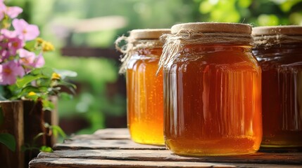 Three jars of honey on a wooden table with flowers in the background.