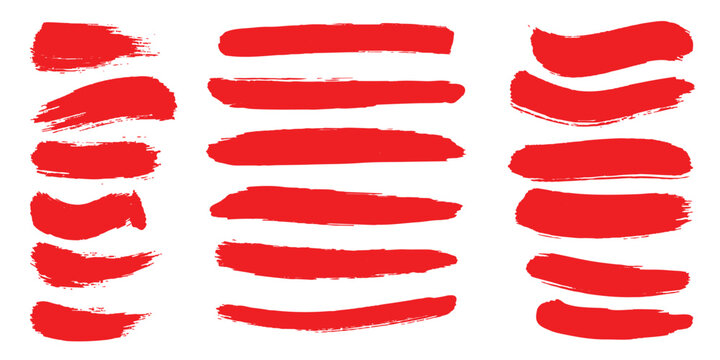Bold red vector brush stroke set featuring wavy paint lines and textured marks, isolated elements for modern graphic design, banners, labels, and backgrounds.