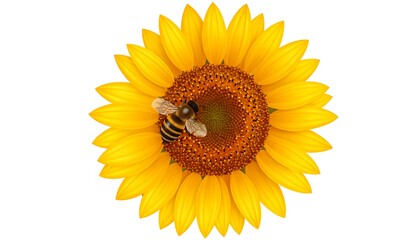 Obraz premium Vivid yellow sunflower with busy bee collecting nectar, isolated on white