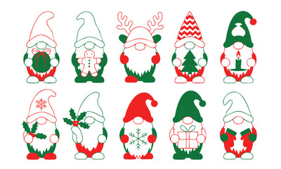 Fototapeta premium Set of Ten Red and Green Christmas Gnomes Outlines, Holiday Gnomes Icon Collection, Christmas Gnome SVG Cut Files for Crafts, Outline Graphics of Gnomes Holding Festive Items.