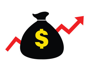 Black money bag with a yellow dollar sign and a rising red arrow indicating financial growth and profit