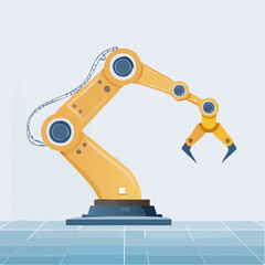 産業用ロボットアームによる作業自動化のベクターイラスト - スマートファクトリーとAI技術