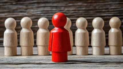 A red human figure standing out from a group of wooden figures on a wooden background.