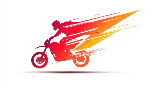 A motorcycle rider is captured in motion, racing forward against a backdrop of energetic red and orange streaks. The scene conveys speed and excitement.