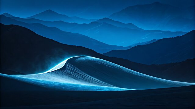 A captivating blue landscape featuring a sand dune illuminated by a soft glow, set against a backdrop of majestic mountains under a twilight sky - Powered by Adobe