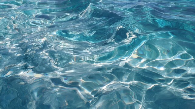 Clear turquoise water displays gentle ripples under daylight, reflecting sunlight in a tropical scene. This serene view evokes relaxation and tranquility by the shore.