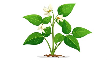 Obraz premium A vibrant, cartoon-style illustration of a leafy green plant with delicate white flowers, possibly a young sprout