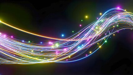 Abstract swirling light trails with colorful bokeh effects on a dark background, creating a magical and dynamic visual