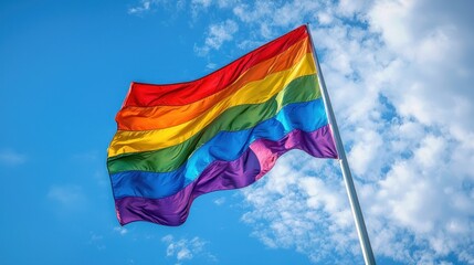 A rainbow flag waving in the wind against a blue sky with white clouds.