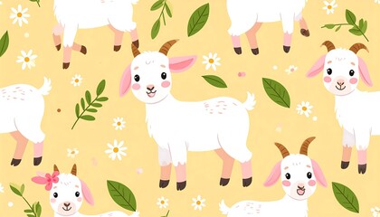 Obraz premium Whimsical repeating pattern featuring cartoon goats, leaves, and daisies