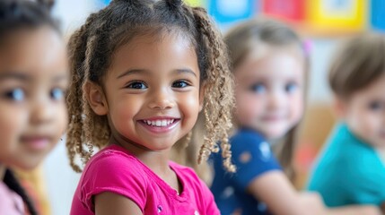 A young girl with curly hair smiling in a classroom setting.