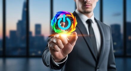 A man touches a power button with a colorful swirl around it glow