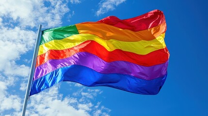 A rainbow flag waving in the wind against a clear blue sky with white clouds.