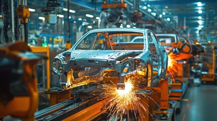Automobile manufacturing plant with robots welding car bodies.