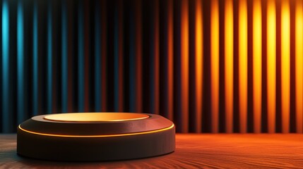 A black and gold podium with a wooden floor and a colorful curtain in the background.