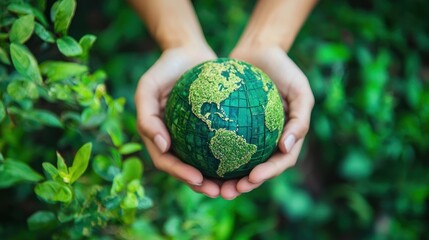 Two hands holding a green and yellow globe with a green background.