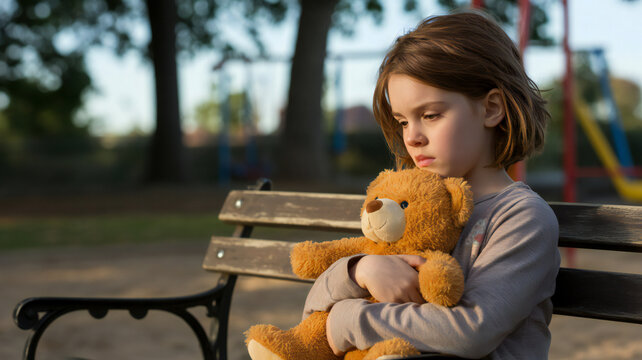 Sad young girl holding a teddy bear on a park bench outdoors