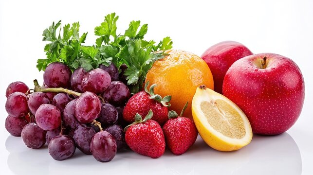 A variety of fruits including grapes, strawberries, and an orange, arranged on a white surface.