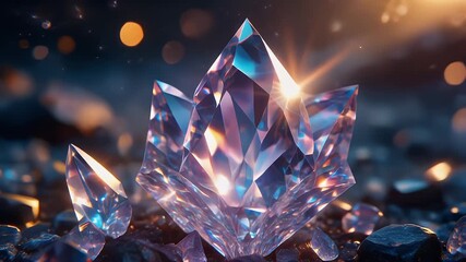 A magnificent, multifaceted crystal formation glows with internal light, surrounded by smaller gems and dark rocks. - Powered by Adobe