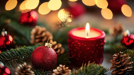 A lit candle with red decorations on a wooden table with pine cones and pine needles.