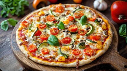 A delicious-looking pizza with vegetables on a wooden board.