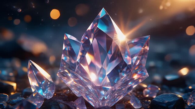 A magnificent, multifaceted crystal formation glows with internal light, surrounded by smaller gems and dark rocks.