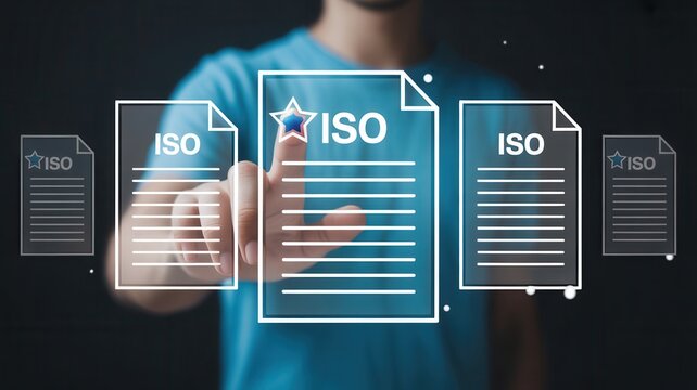 Expertly selecting ISO certification documents for quality assurance and business compliance, showcasing standards and approval.