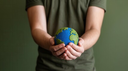Man gently cradling Earth globe in his hands, symbolizing environmental protection, global unity, and sustainable living for a healthier future planet