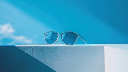A pair of sunglasses with a blue frame and blue lenses on a white surface with a blue background.