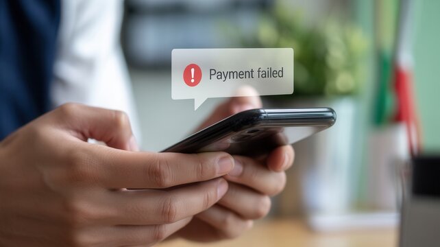 Frustrated customer sees payment failure notification on phone, dealing with online banking problems and financial worries with mobile app trouble