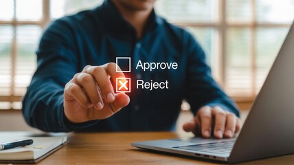 Business professional decisively rejects proposal with digital interface at modern office desk, making critical decisions.