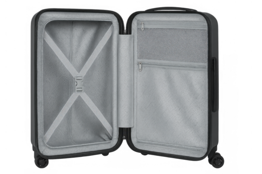 Open empty carry-on suitcase for travel, vacation, baggage, packing, journey, and business trip on transparent background