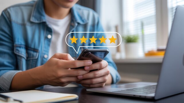 Boost Your Business Reputation with Glowing Customer Reviews Online via Mobile App & Laptop, Showcasing Five Star Ratings for Success