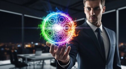 Man holding glowing gears in hand in front of city at night time