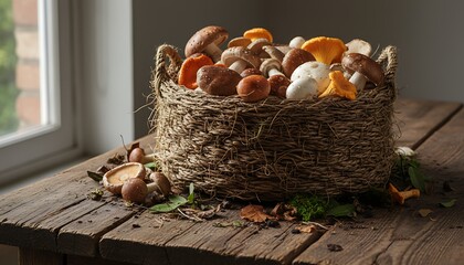 A rustic basket brimming with a colorful assortment of freshly harvested fungi, presented on a weathered wooden table by a window